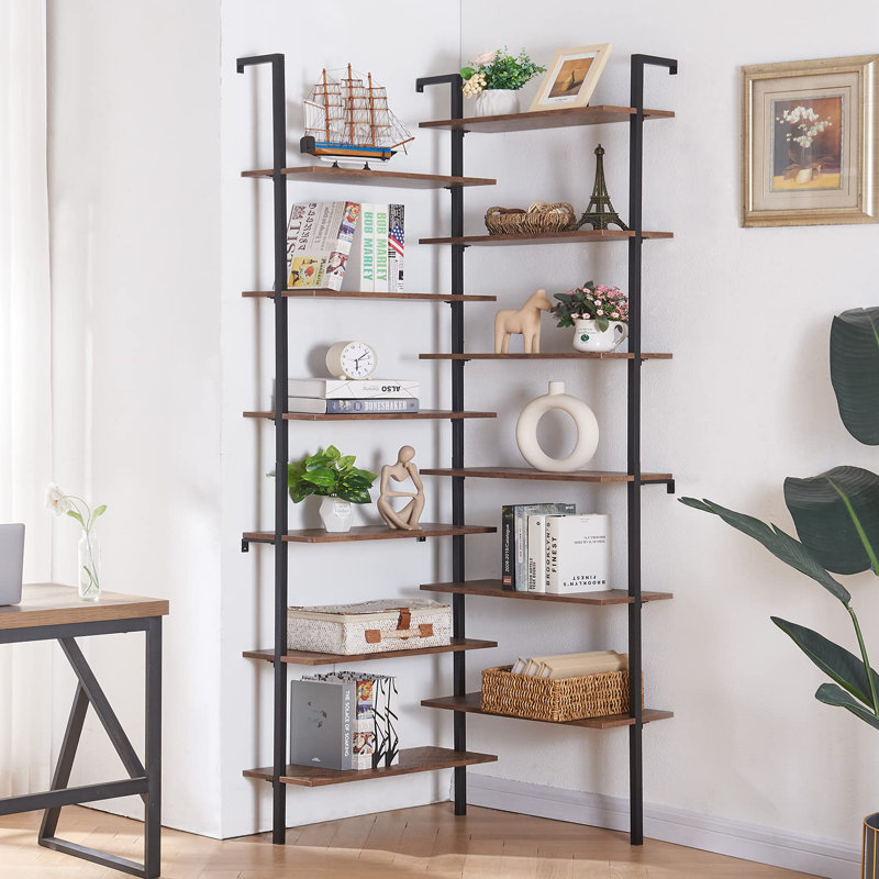 Corner Bookshelf 12 Tier L Shaped Bookshelf Double Wide Corner Wall Mount Bookcase With Metal Frame And Wood Brown